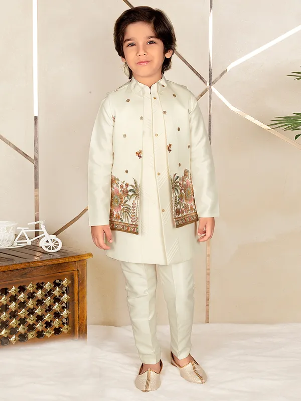 Off white silk designer waistcoat set for boys for wedding