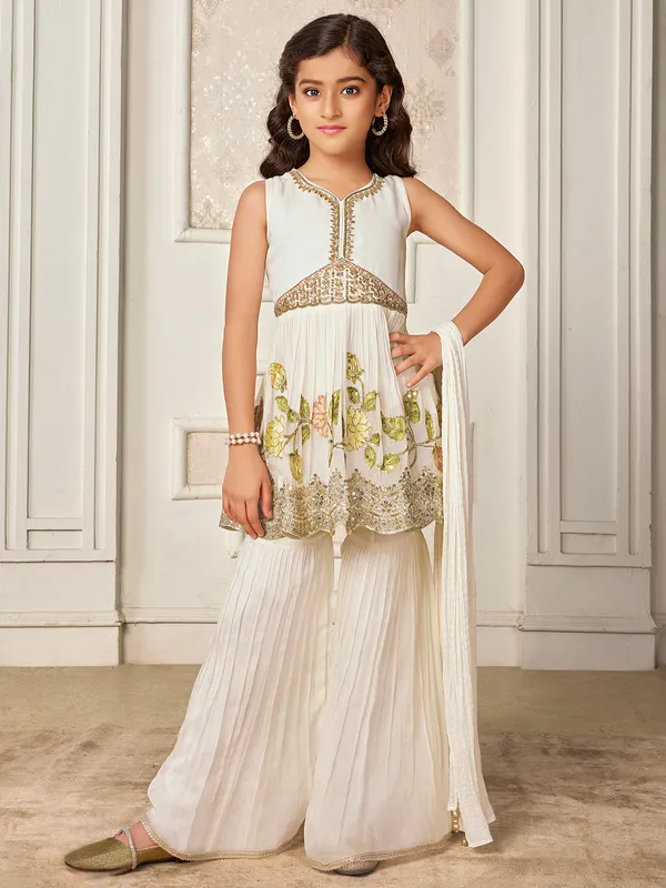 Off-white silk embroidery sharara salwar suit