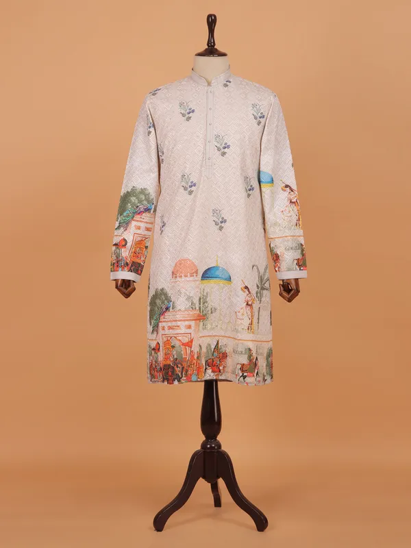 Off white silk festive kurta set for men