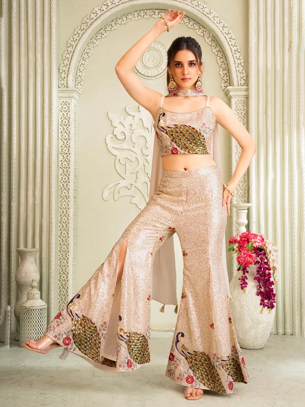 Off white silk palazzo suit with resham and sequins