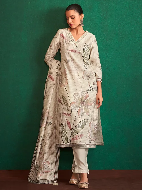 Sylish cream silk printed kurti set