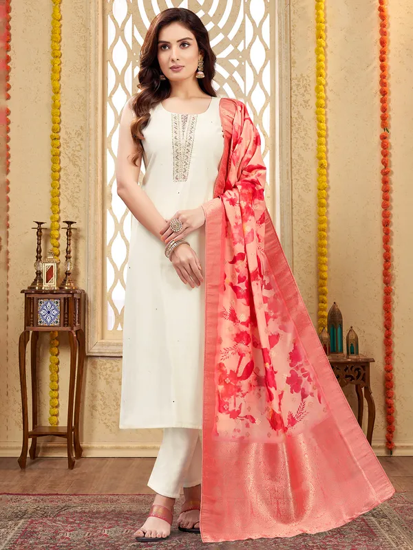 Off-white silk salwar suit with dupatta