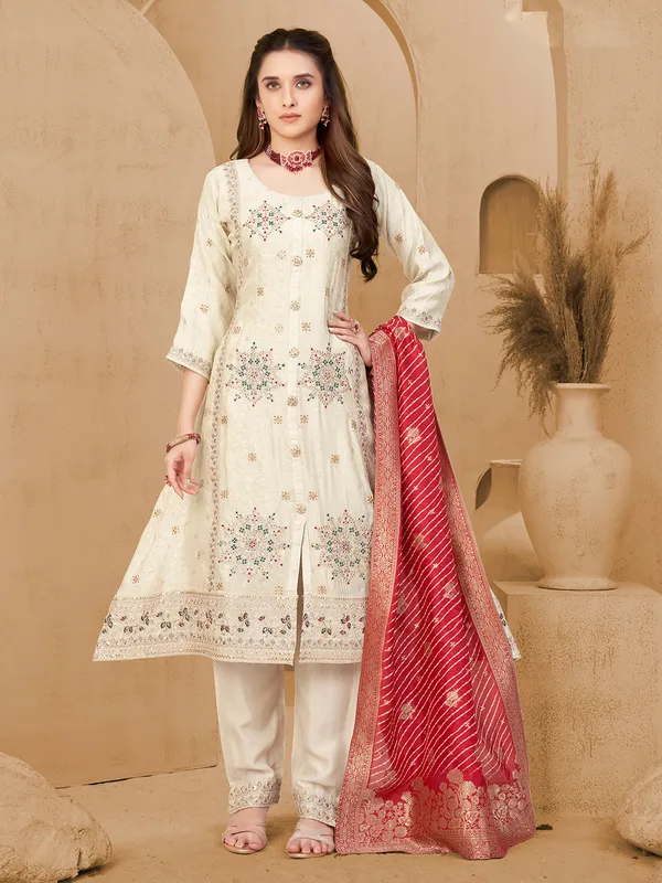 Off white silk salwar suit with zardosi detailing