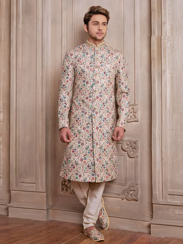 Off white silk sherwani with embroidery