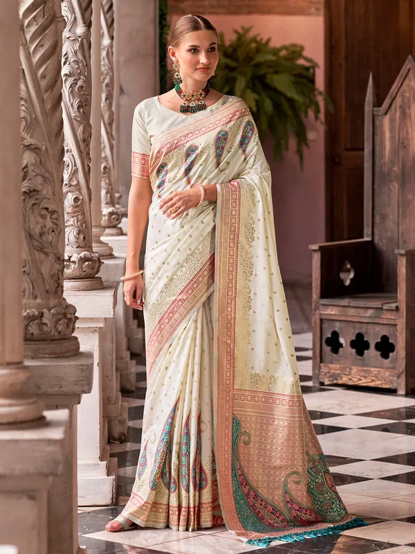 Off white silk zari worked saree for festival