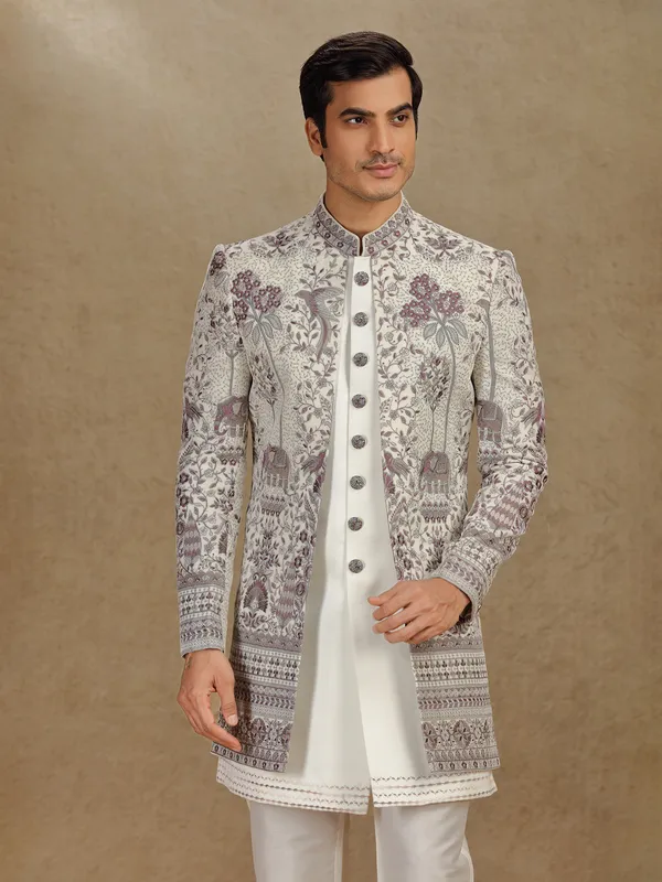 Off white terry rayon indo western for wedding wear
