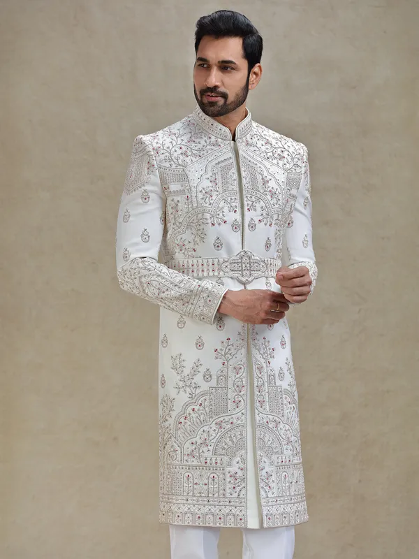 Off white textured sophisticated sherwani for wedding