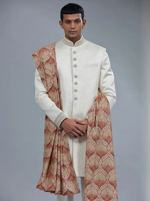 Off white textured terry rayon off white sherwani for men