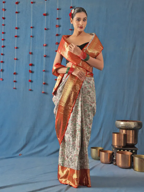 Off-white thread weaving saree in silk