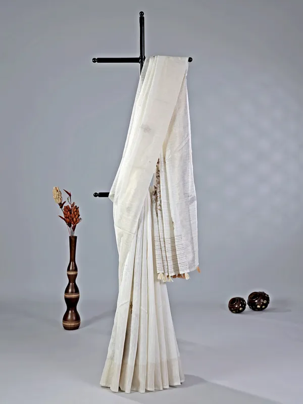 Off white thread worked saree in cotton silk