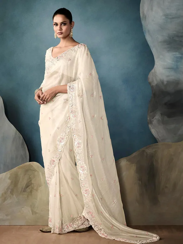 Off white tissue silk saree for wedding wear with resham work