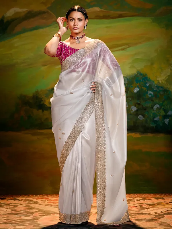 Off white tissue silk saree with resham work