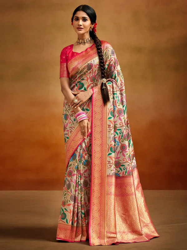 Off-white tusser silk saree