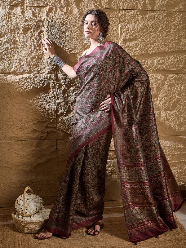 Olive ajrakh printed saree in bhagalpuri silk
