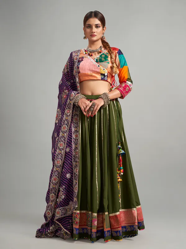 Olive cotton silk chaniya choli for navratri