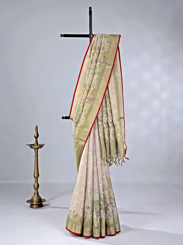 Olive cotton silk saree with thread and sequins