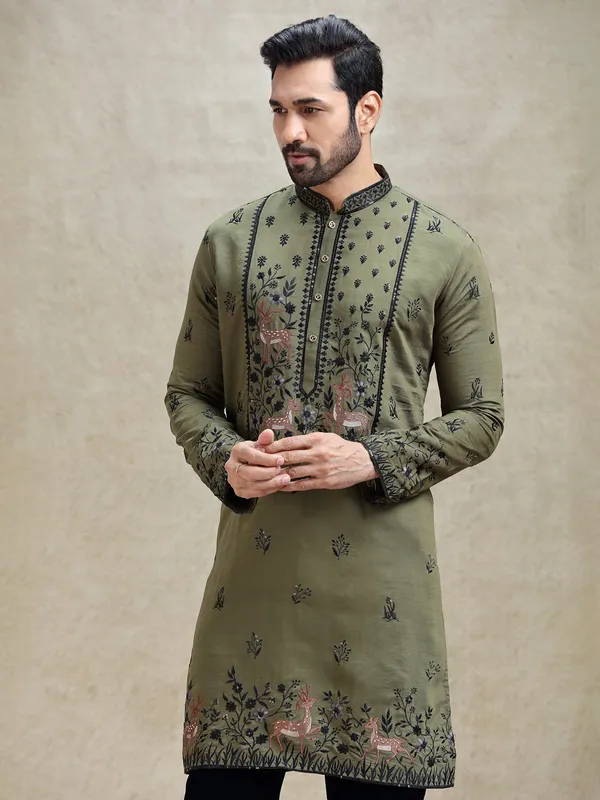 Olive embroideried kurta pajama set for festive look