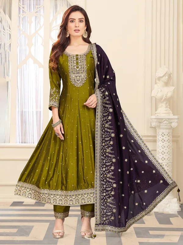 Olive festive wear silk salwar suit