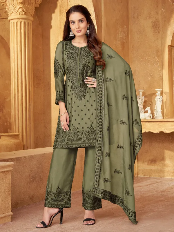 Olive georgette salwar suit in embroidery