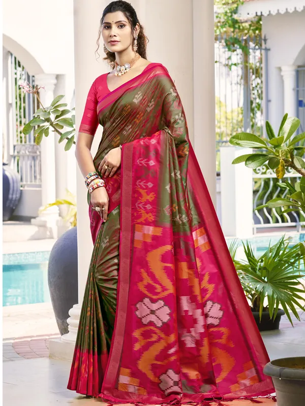 Olive green silk saree for celebrations
