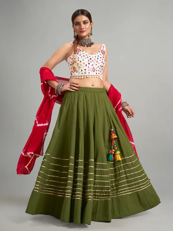 Olive lehenga choli with printed dupatta