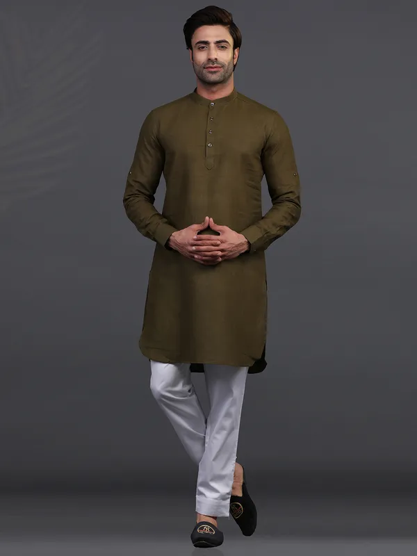 Olive linen kurta pajama for festive