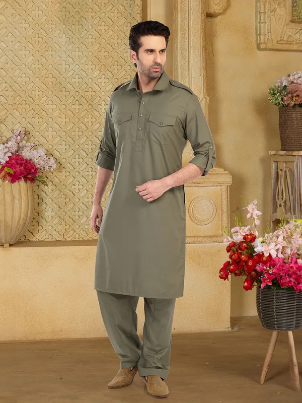 Olive plain cotton pathani suit