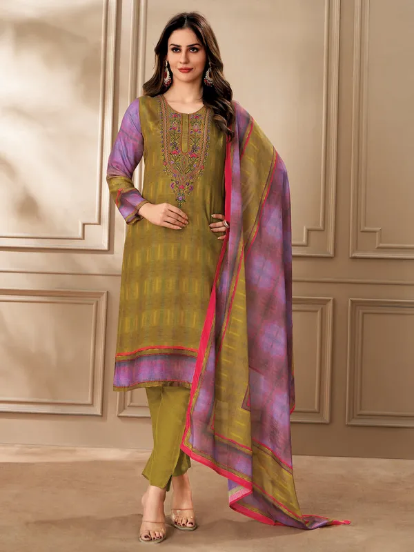 Olive printed dola silk salwar suit with print