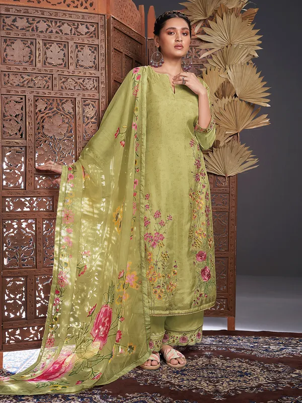 Olive printed embroidery silk palazzo suit