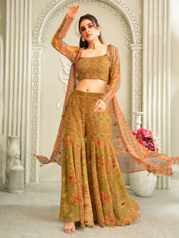 Olive printed georgette jacket style sharara suit