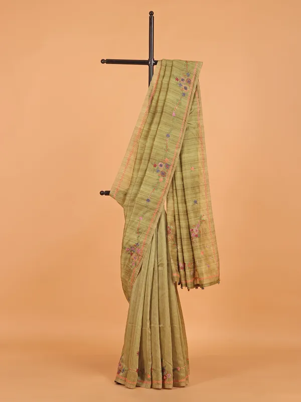 Olive printed linen saree for women