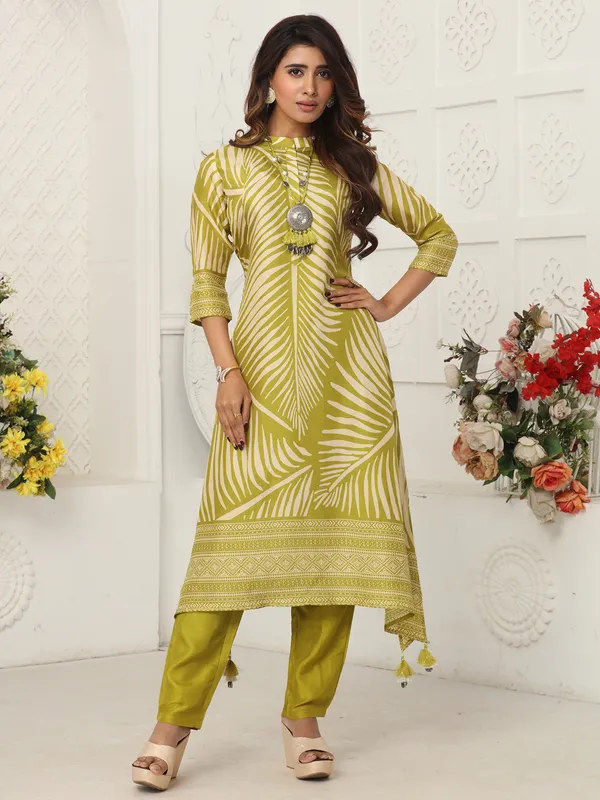 Olive printed russian silk kurti set