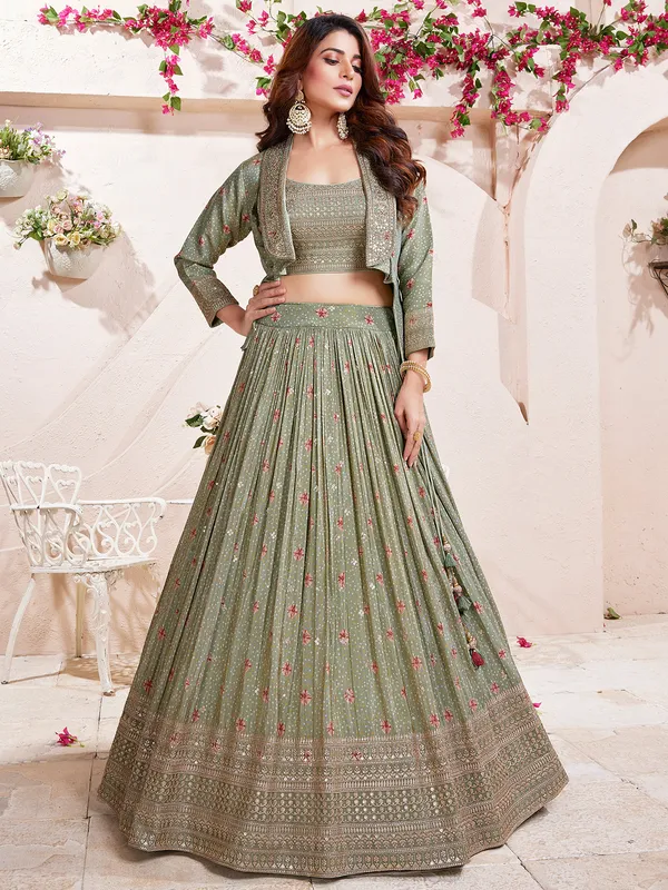 Olive printed silk lehenga choli with jacket