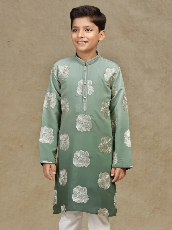 Olive resham worked silk boys kurta suit