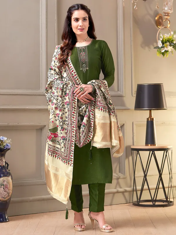 Olive salwar suit with printed dupatta