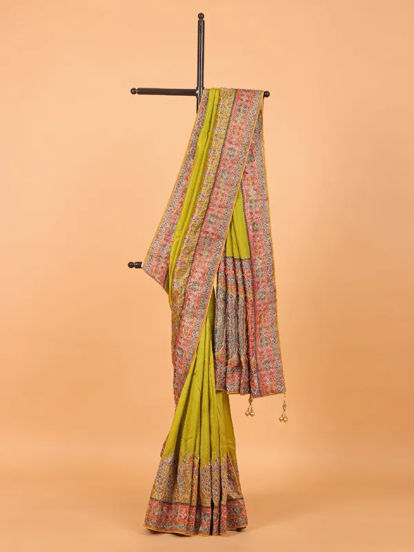 Olive semi pashmina saree for women
