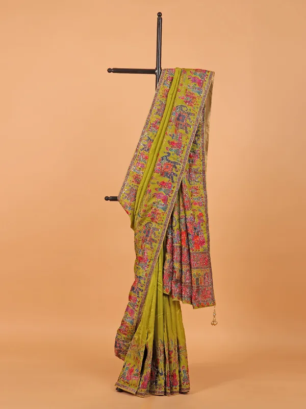 Olive semi pashmina saree for womne