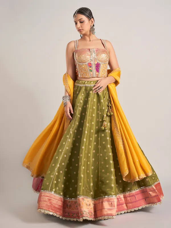 Olive silk navratri chaniya choli with dupatta