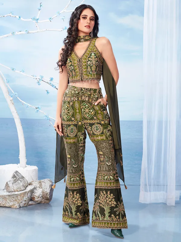 Olive silk palazzo suit with dupatta.