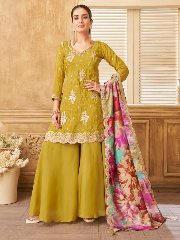 Olive silk palazzo suit with printed dupatta