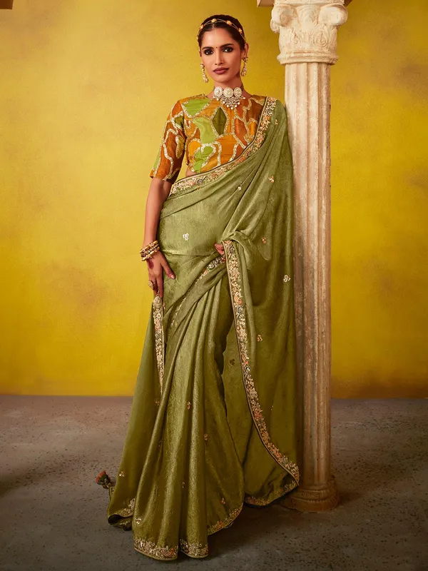 Olive silk party wear saree