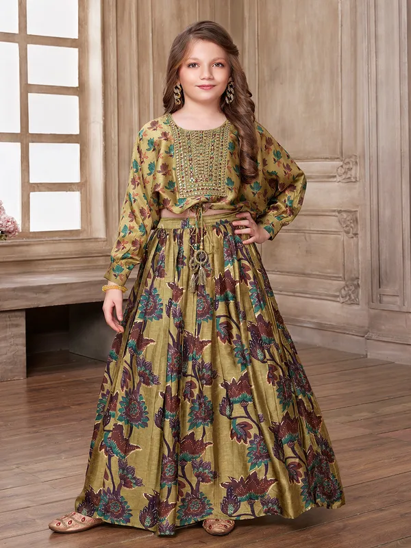 Olive silk printed crop top with lehenga