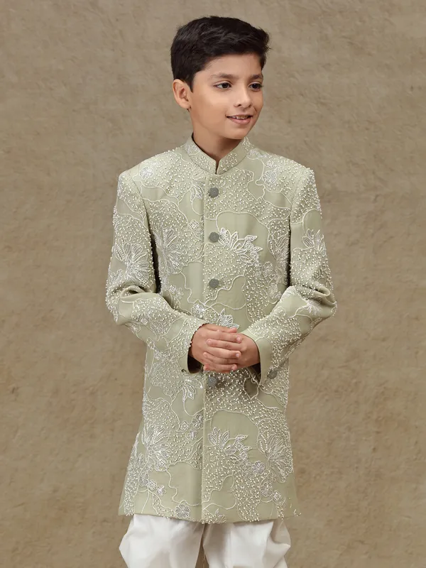 Olive silk reception wear indowestern for boys