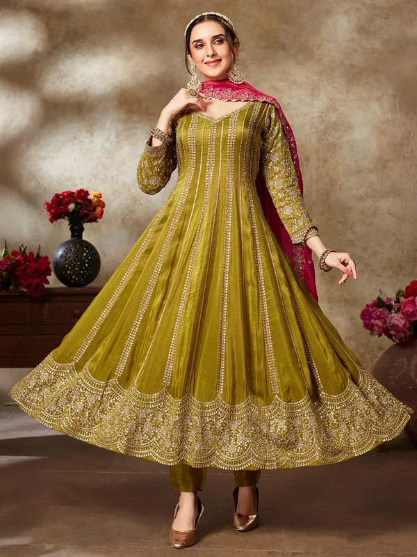 Olive silk salwar suit for women