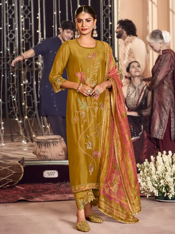 Olive silk salwar suit with embroidery