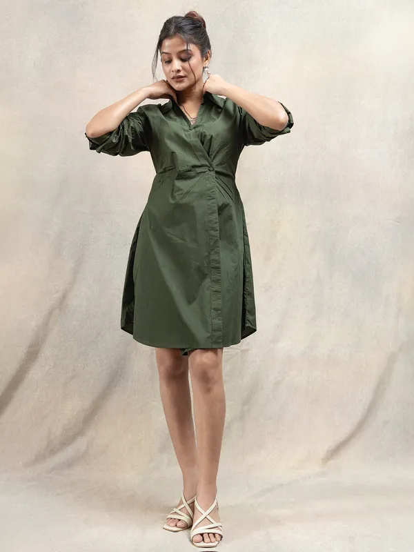 Olive solid cotton mini dress for casual outing