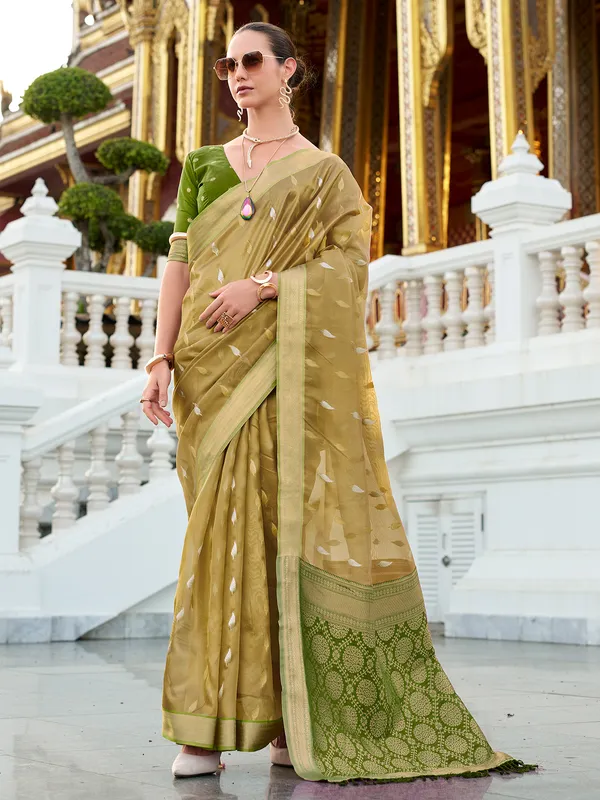 Olive tissue silk saree with zari weaving