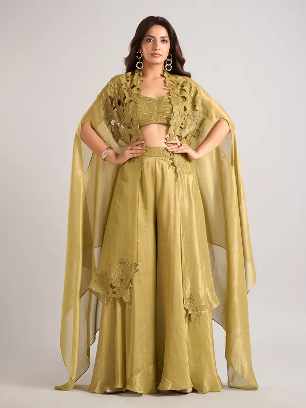 Olive tissue silk shrug style palazzo suit