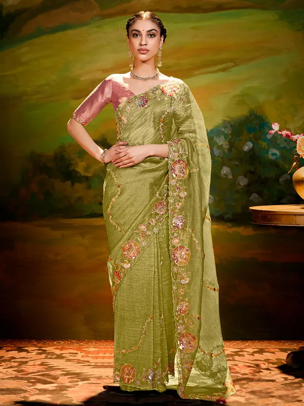 Olive wedding wear silk saree