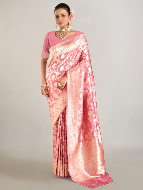 Onion pink banarasi silk saree in zari weaving